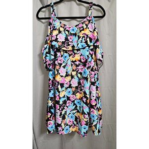 Meetcurve Womens Plus Size Floral Ruffle Tankini 4XL Adjustable Straps Black/Mul